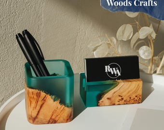 Aesthetic OFFICE DESK ACCESSORIES for women. Resin & wood office supplies - pen and pencil holder. Employee unique gifts