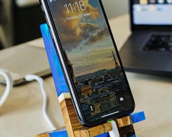 Wooden Phone Stand from Epoxy Resin as employee gifts. Desk Organizer Phone Holder as unique coworker gift ideas