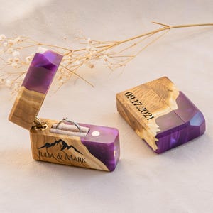 Resin & Wood ENGAGEMENT RING BOX. Slim ring box sentimental gift for her. Custom purple ring holder