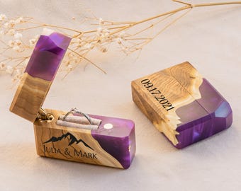 Resin & Wood Engagement Case for her. Slim Purple ring box sentimental gift