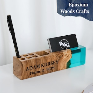 Ocean blue RESIN and wood DESK ORGANIZER. Unique name plate for desk with pen holder. Office gifts for employees
