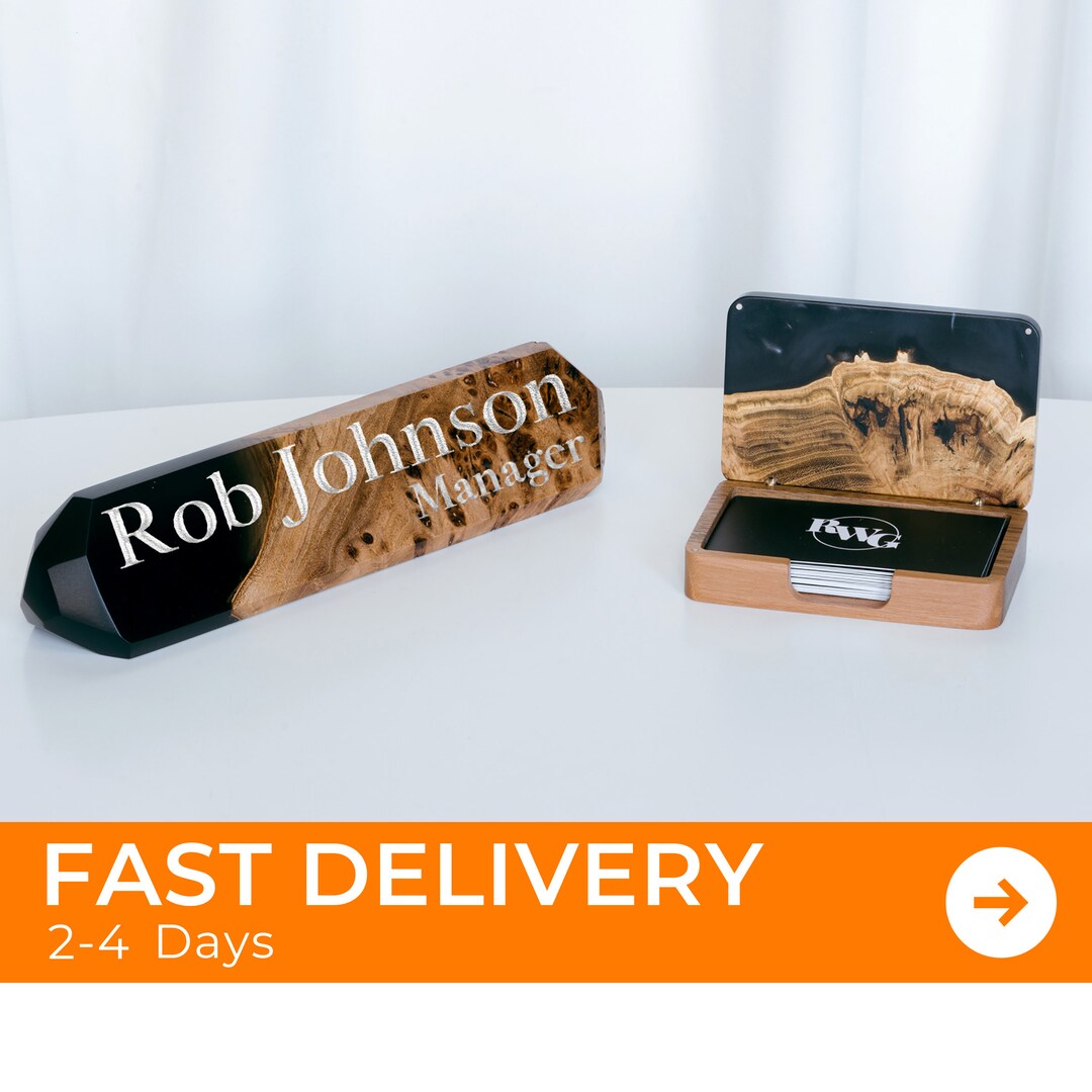 Wood DESK ORGANIZER SET Business Card Holder and Name Plate. Black