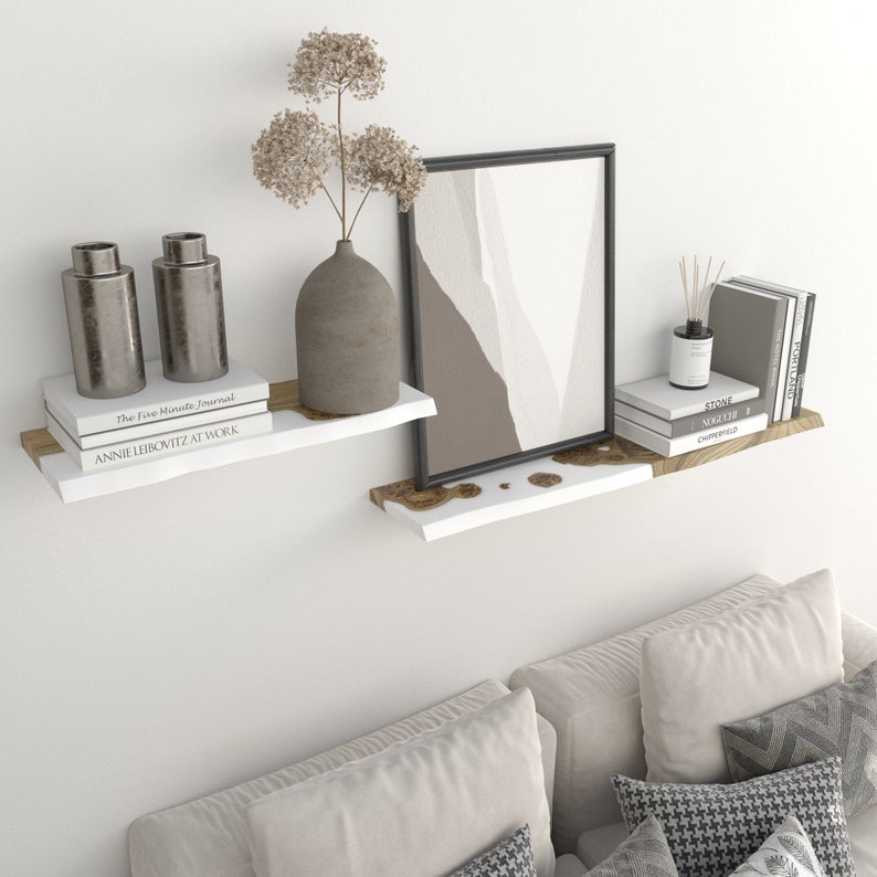 Modern WHITE FLOATING SHELF from Epoxy & Wood for living room decor with hardware included image 2