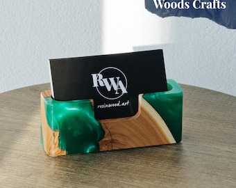 Emerald resin and wood BUSINESS CARD HOLDER for desk. Wooden desk accessories for home work place. Charming coworker gifts