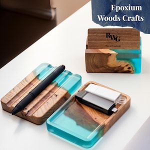 Cute DESK ORGANIZER SET: business card holder, pen holder, catch all tray. Resin & wood office desk accessories for men. Phd graduation gift