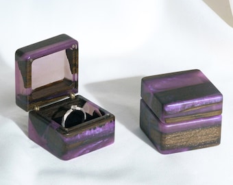 Wooden Proposal ring box with Epoxy Resin. Custom Engagement Ring Box. Engraved purple ring box
