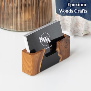 Modern BUSINESS CARD HOLDER of epoxy & wood. Custom Teacher gift card holder as desk organizer