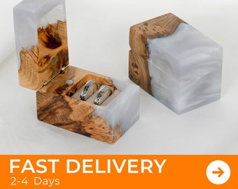 CAJA PARA ANILLOS DE BODAS para anillos dobles. Caja para anillos de resina de platino y madera. Regalo de aniversario de boda para esposa.