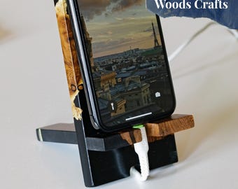 Black SMARTPHONE STAND from resin & wood. Wooden cell phone accessories. Best gift for doctor, teacher, architect, manager