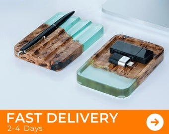 Pen holder and catchall tray - DESK STORAGE SET from ocean epoxy & wood. Creative gifts for him. Wooden home office desk accessories