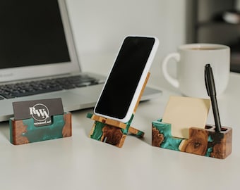 Resin & Wood office desk set - Phone Stand, Card Display and Sticky Note Holder as new job gift, coworker gift ideas
