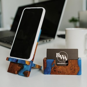 Office Desk Set from Epoxy & Wood employee gifts. Custom Phone stand and Card display as coworker gift ideas