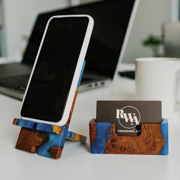 Office Desk Set from Epoxy & Wood employee gifts. Custom Phone stand and Card display as coworker gift ideas