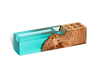 Custom order for 4 double business card holder (aqua blue / dark wood)