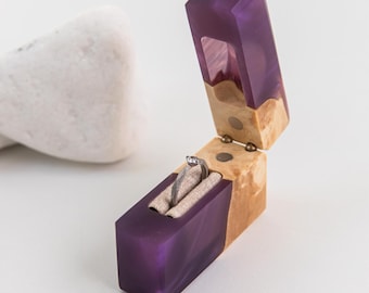 Custom Engagement Ring Box with Epoxy & Wood. Purple ring box anniversary gift for her. Custom sentimental gift for wife