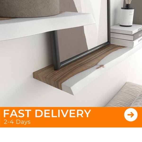 Long FLOATING SHELVES for living room from walnut wood & white epoxy. Live edge floating shelf for home decor