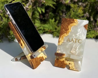 Custom PHONE STAND from Epoxy & Wood gifts for lawyers. Unique Desk Organizer coworker gift ideas