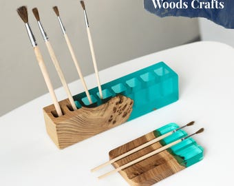 Ocean Blue Epoxy Resin & Wood Paint Brush Holder, Gifts for Artists, Artist Gifts, Painters Gift, Gift for Painter Paint Brush Rest