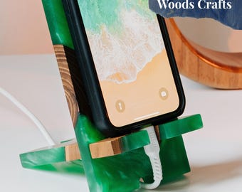 DESK PHONE STAND from resin and wood. Wooden iPhone stand for desk. Special gifts for employees, colleagues, boss