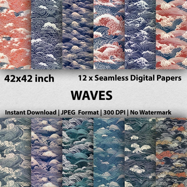 12 Japanese Wave Digital Papers Nami Patterns Printable Ocean Golfpatroon Stof Waves Scrapbook Paper - Unique DIY Seigaiha Projects
