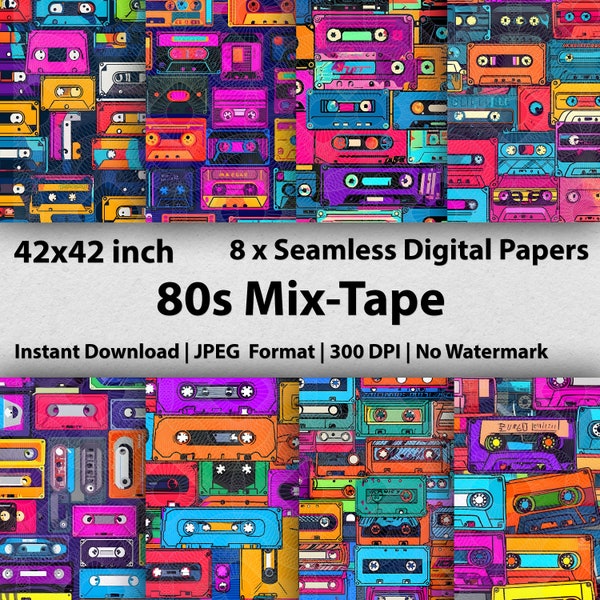 12 Unique Cassette Tape Digital Papers Retro Mixtape Illustrations Seamless Patterns for Scrapbooking DIY Projects & Printables