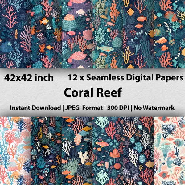 12 Coral Reef Digital Paper Oceanic Reef Patterns Unique Marine Fishes and Coral Prints for DIY Projects