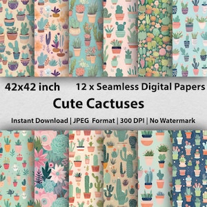 12 simpatici cactus, modelli di cactus, carta digitale, carta per scrapbooking, piante grasse, carta da stampa - Progetti unici fai da te, atmosferici, floralpunk