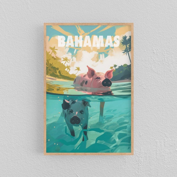 Pig Beach Paradise: Playful Wild Pigs Swimming in Exuma, Bahamas Art Print Satin Poster