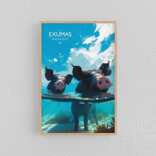 Affiche d'illustration de cochons de natation - Impression d'art d'Exuma Bahamas sur papier satiné