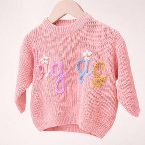 May include: A light pink knit sweater with the word "big" in colorful, embroidered letters. The sweater has a round neckline and long sleeves. Small daisy accents are placed above the letters. The sweater is hanging on a wooden hanger.