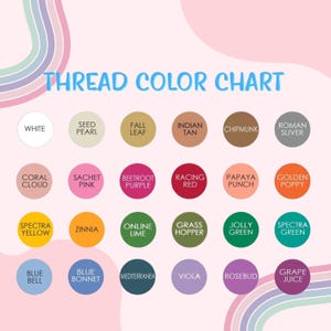 May include: A color chart with 24 different thread colors, each color is labeled with a name. The colors include white, seed pearl, fall leaf, Indian tan, chipmunk, Roman sliver, coral cloud, sachet pink, beetroot purple, racing red, papaya punch, golden poppy, spectra yellow, zinnia, online lime, grass hopper, jolly green, spectra green, blue bell, blue bonnet, Mediterranean, viola, rosebud, and grape juice.