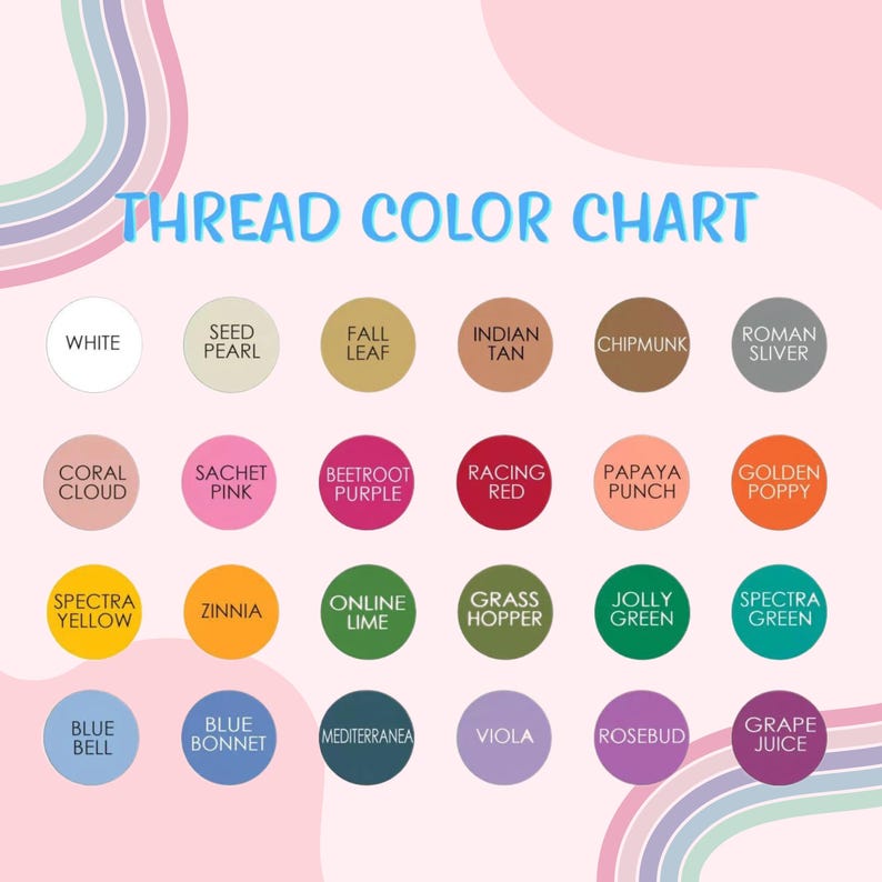 May include: A color chart with 24 different thread colors, each color is labeled with a name. The colors include white, seed pearl, fall leaf, Indian tan, chipmunk, Roman sliver, coral cloud, sachet pink, beetroot purple, racing red, papaya punch, golden poppy, spectra yellow, zinnia, online lime, grass hopper, jolly green, spectra green, blue bell, blue bonnet, Mediterranean, viola, rosebud, and grape juice.