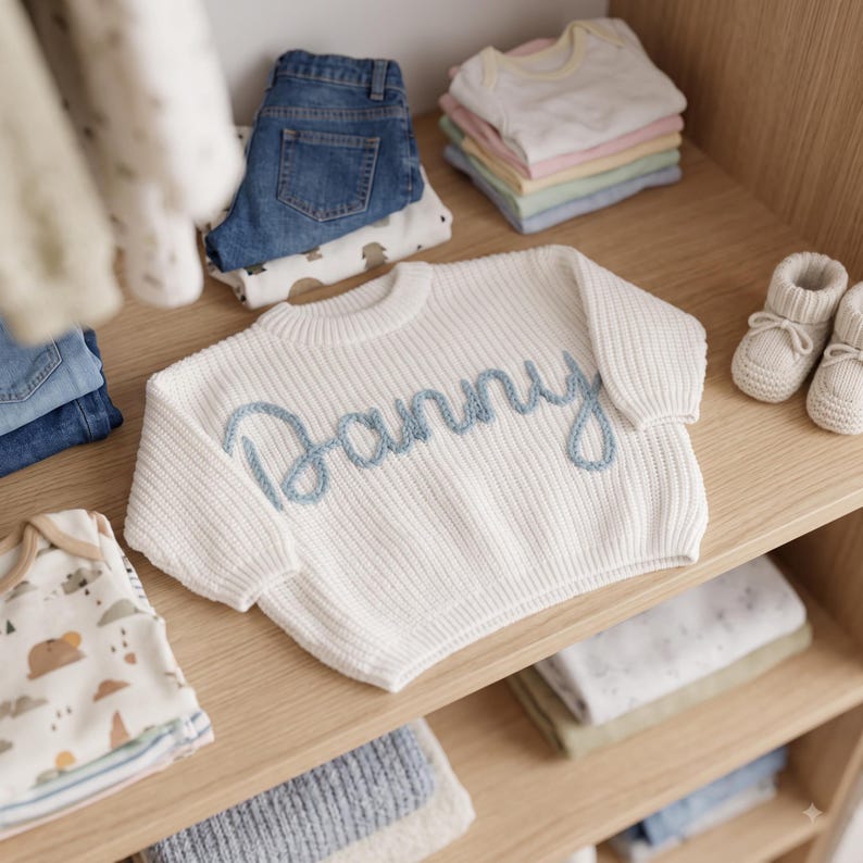 K&ouml;nnte beinhalten: Ein wei&szlig;er, lang&auml;rmeliger Strickpullover mit dem Namen Danny, der in hellblauer Schreibschrift auf die Brust gestickt ist. Der Pullover liegt auf einem Holzregal neben zusammengelegter Babykleidung, einer Jeanshose und gestrickten Babyschuhen.