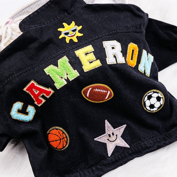 Personalized Jean Kid Jacket | Denim Jacket | Chenille Sewn On Patch Jean Jacket | Jean Jacket Kids Custom | Chenille Patch Jean Jacket.