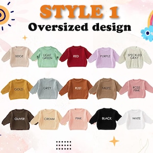 K&ouml;nnte beinhalten: Eine Sammlung von f&uuml;nfzehn lang&auml;rmeligen Pullovern in verschiedenen Unifarben, darunter Beige, Hellgr&uuml;n, Rot, Lila, gesprenkeltes Grau, Gold, Grau, Rost, Taupe, Ros&eacute;, Oliver, Creme, Pink, Schwarz und Wei&szlig;, mit dem jeweiligen Farbnamen aufgedruckt.
