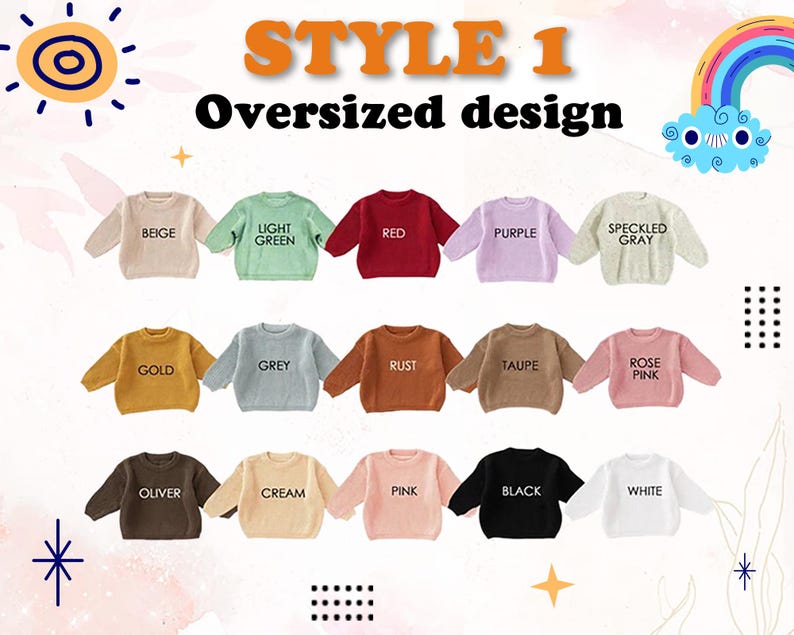 K&ouml;nnte beinhalten: Eine Sammlung von f&uuml;nfzehn lang&auml;rmeligen Pullovern in verschiedenen Unifarben, darunter Beige, Hellgr&uuml;n, Rot, Lila, gesprenkeltes Grau, Gold, Grau, Rost, Taupe, Ros&eacute;, Oliver, Creme, Pink, Schwarz und Wei&szlig;, mit dem jeweiligen Farbnamen aufgedruckt.