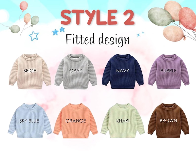 K&ouml;nnte beinhalten: Acht lang&auml;rmelige Pullover mit Rundhalsausschnitt und Rippstrickstruktur in den Farben Beige, Grau, Marineblau, Lila, Himmelblau, Orange, Khaki und Braun. Der Text "STYLE 2" und "Fitted design" steht oben, mit Farbbezeichnungen unter jedem Pullover.