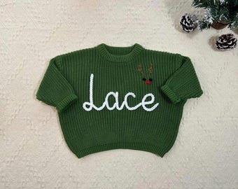 Reindeer Kids Name Jumper, Baby Knit Sweater, First Christmas Gifs, Christmas Sweater for Baby Boys and Toddler Boys, Christmas Baby Outfit
