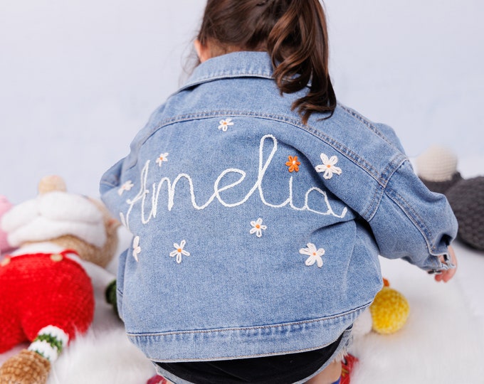 Kids Hand Embroidered Denim Jacket | Personalized Name Kids Jean Jacket |  Flower Embroidered Denim | Custom Hand Embroidered Jean Jacket