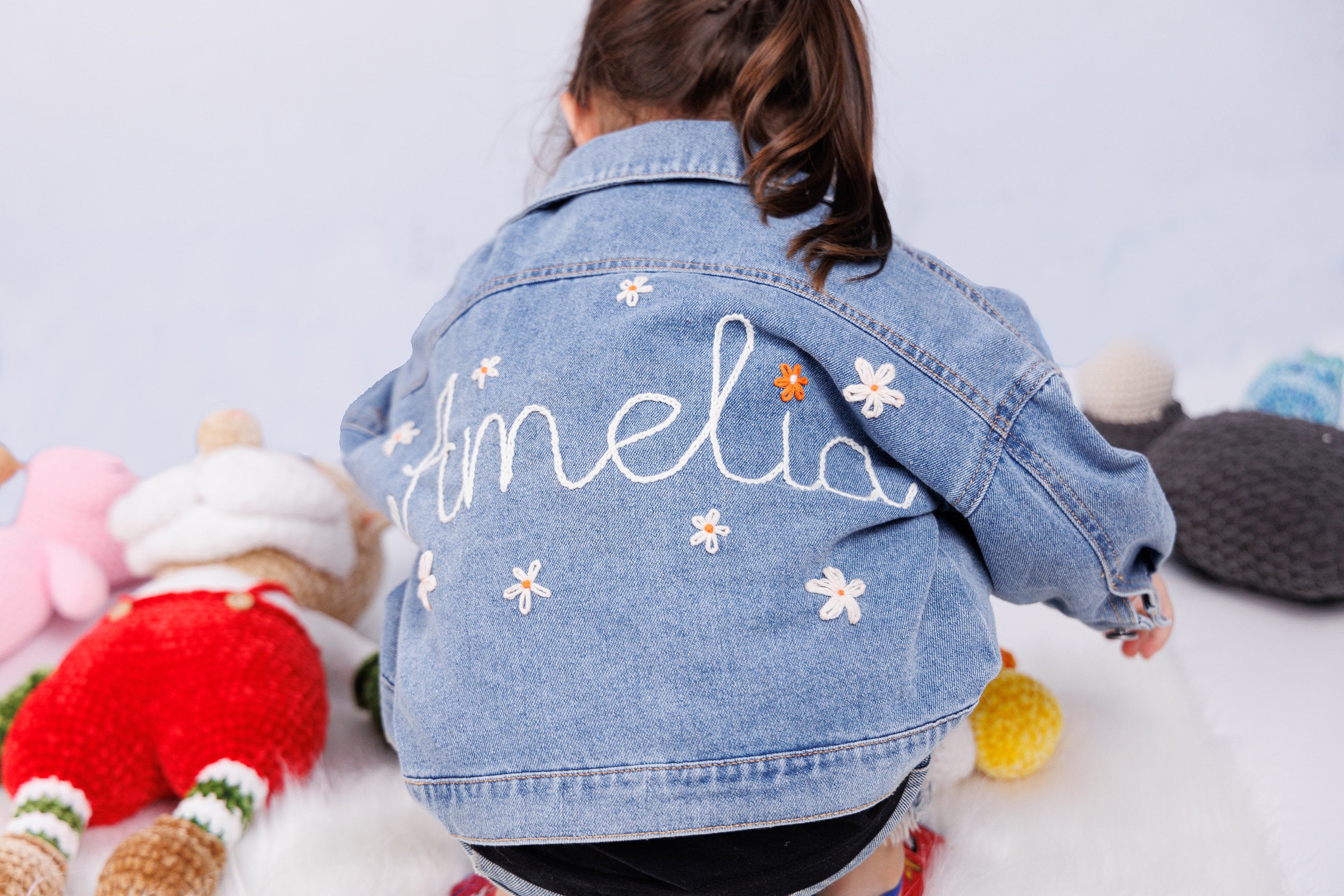 Kids Hand Embroidered Denim Jacket | Personalized Name Kids Jean Jacket | Flower Embroidered Denim | Custom Hand Embroidered Jean Jacket