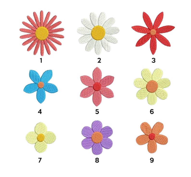May include: Nine embroidered flower patches in various colors and styles, including pink, red, yellow, blue, and purple. The patches are numbered 1 through 9.