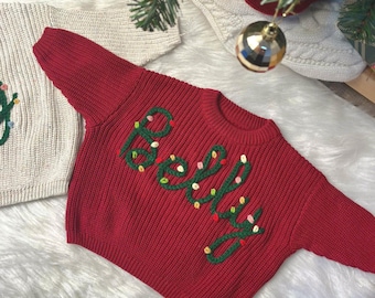 Custom Baby Name Sweater, Custom Name Hand-Embroidered Baby Christmas Sweater, Personalized Holiday Keepsake Jumper for Kids & Babies