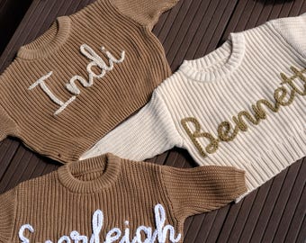 Hand Embroidered Name Baby Sweater, Custom Cotton Knit, Baby Boy Name Sweater