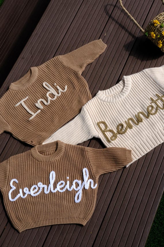 Hand Embroidered Name Baby Sweater, Custom Cotton Knit, Baby Boy Name Sweater