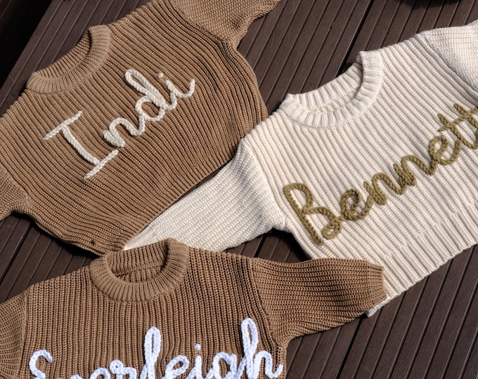 Hand Embroidered Name Baby Sweater, Custom Cotton Knit, Baby Boy Name Sweater