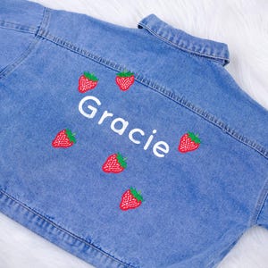 Custom Embroidered Kids Denim Jacket | Embroidered Denim Jacket | Custom Denim Jacket | Embroidered Fruits Jean Jacket