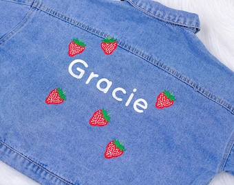 Custom Embroidered Kids Denim Jacket | Embroidered Denim Jacket | Custom Denim Jacket | Embroidered Fruits Jean Jacket