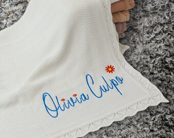 Custom Name BaBy Blanket | Embroidery Gift for Baby Shower | Stroller Blanket | Monogrammed Newborn Baby Gift | Soft Cotton Knit