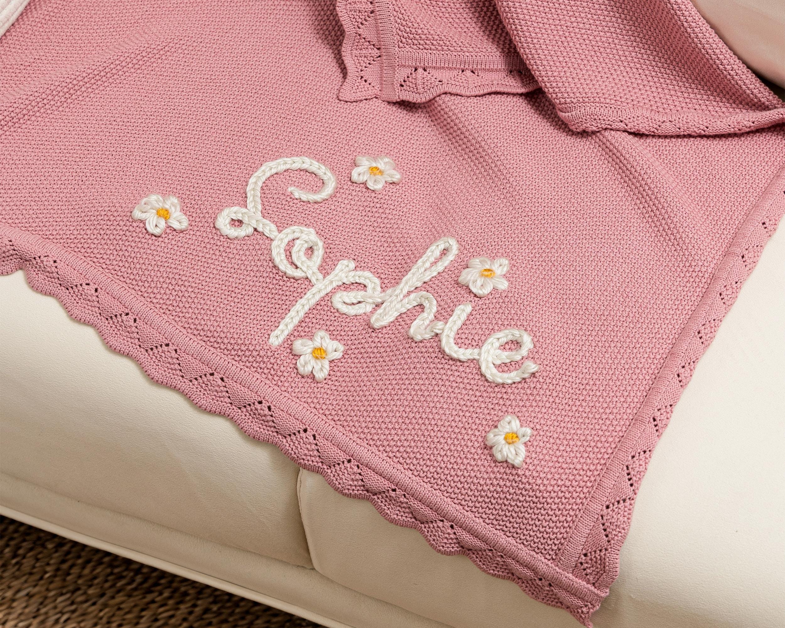 Personalized Hand Embroidered Knit Baby Blanket With Name,Stroller Blanket,Monogrammed Newborn Baby Gift,Baby Shower Gift