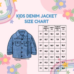 May include: Size chart for kids' denim jackets. The chart shows measurements in inches for body length, chest, sleeve length, and waist for sizes 1Y to 7Y.